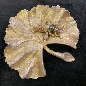 Insect on a Gold Gingko Leaf Brooch Pin